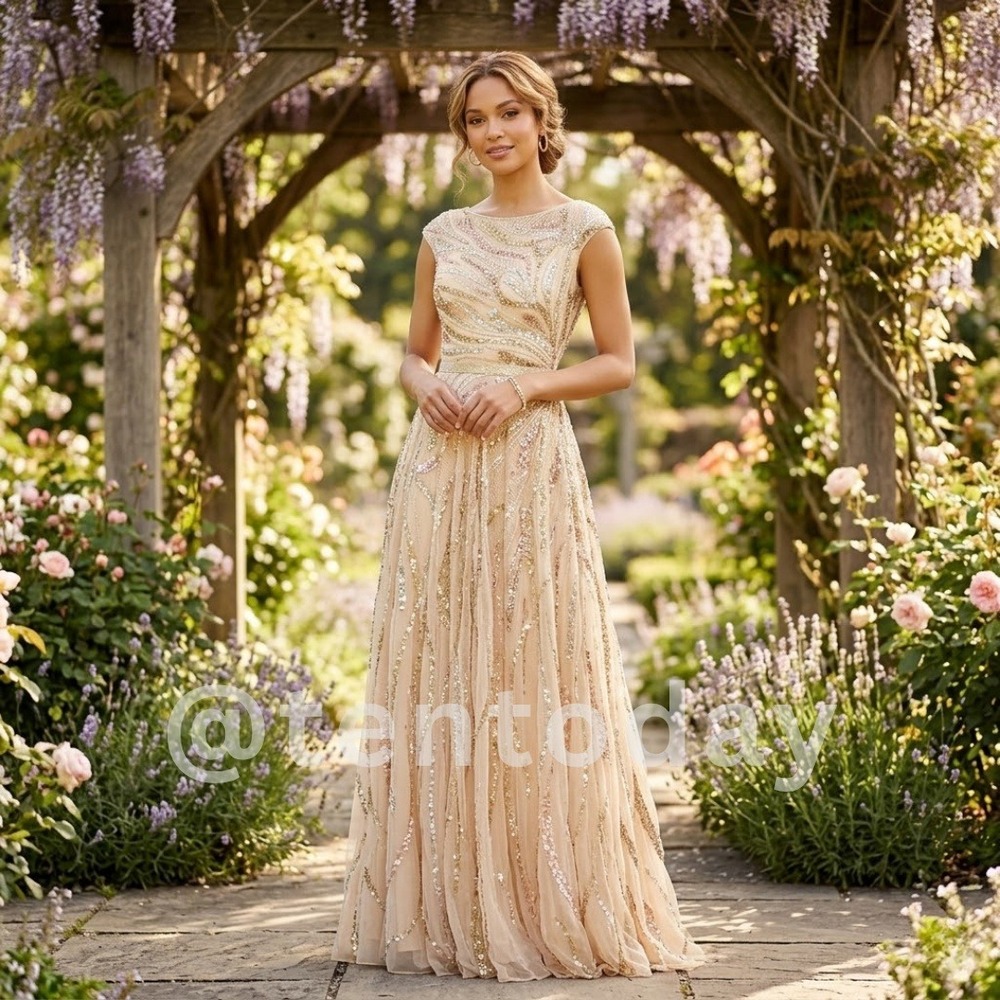 $598 Mac Duggal Size 16 Cream Beige Nude Gold Silver Sequin Long Maxi Gown Dress